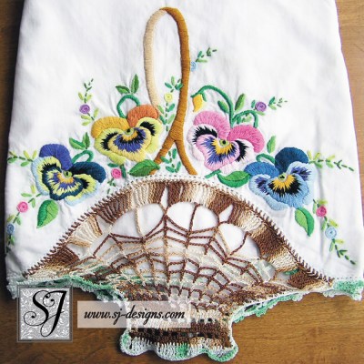 vintage pair hand crochet & embroidered pansy basket pillowcases