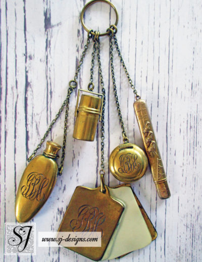 c1915 gold plated dance or finger ring chatelaine w/ 5 accessories