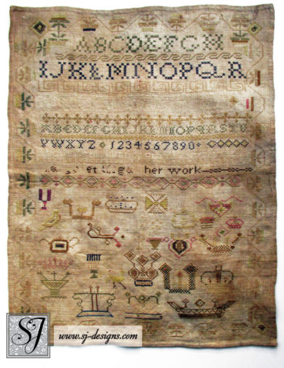 c1830s "Her Work" English sampler with birds & crowns