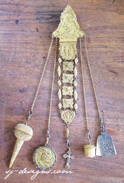 c1880 golden chatelaine with crucifix & 4 accessories