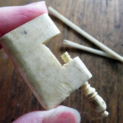 c1880 tiny carved bone lace-making clamp & 2 tools