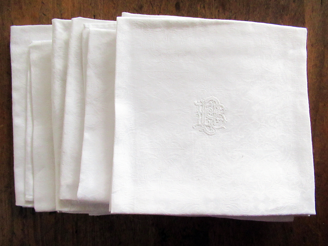 8 antique damask napkins w/ embroidered monogram 22" square - Image 3