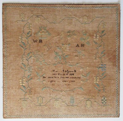 c1825 "She Perceiveth Her Merchandise is Good" sampler with unusual motifs