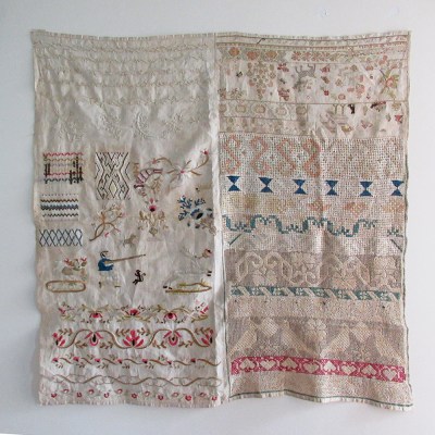 c1830 Mexican sampler with whitework embroidery flamestitch spangles 28" by 30"