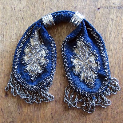 c1890 Victorian Steel Beaded Knitted Blue Miser's Purse 11" long