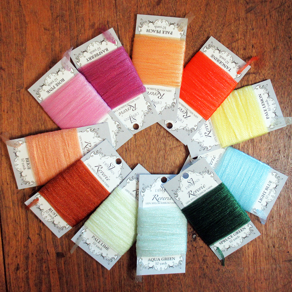 SJ Designs Reverie nylon ribbon yarn on 10 yard cards
