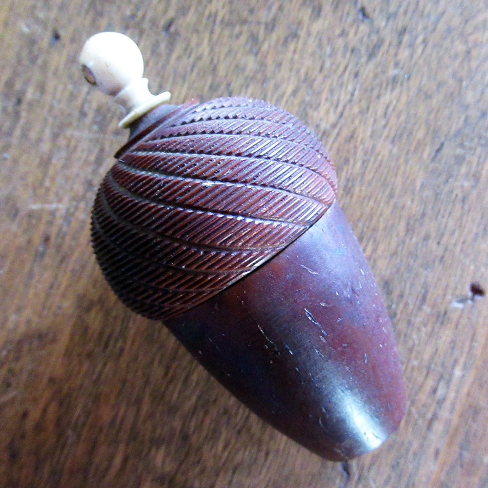 c1890 carved wood and bone acorn-form thimble case w/ Stanhope viewer