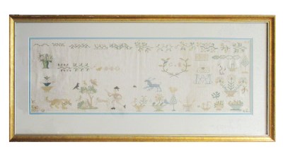 c1820 horizontal North German sampler with a hunter & lioness motif