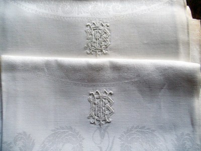set of 11 vintage MBB monogrammed damask napkins