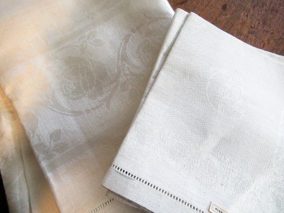 c1920 unused pure linen geometric rose damask tablecloth & napkins